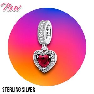 New .925 Sterling Silver Zircon Red Love Heart Dangle Pendant Charm Jewelry